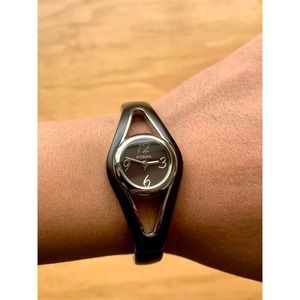 Womens Fossil Wristwatch Dark Brown Black Wood and Stainless Steel Accents